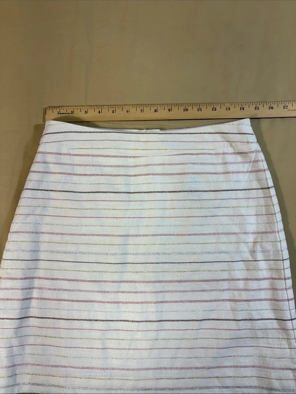 LOFT‎ NWT Shimmer Stripe Linen Blend A-Line Mini Skirt Ivory Pink Gold Metallic